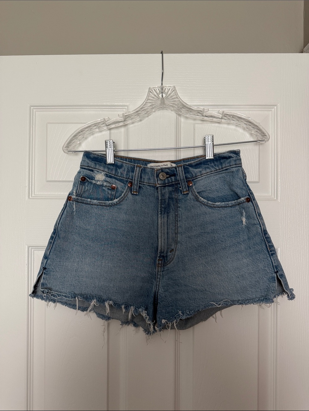 Abercrombie & Fitch Frayed Hem Medium Blue Denim Shorts